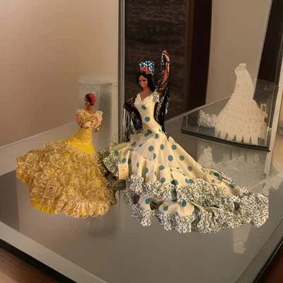 Vintage 2 Marin Chiclana Doll Female Flamenco Dancer Blue Dots Yellow Tag - Image 1 of 4