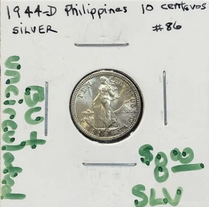 1944 D Filipinas 10 centavos - UNC BU ¡BONITO! Moneda Mundial .750 Estados Unidos Segunda Guerra Mundial - Imagen 1 de 8