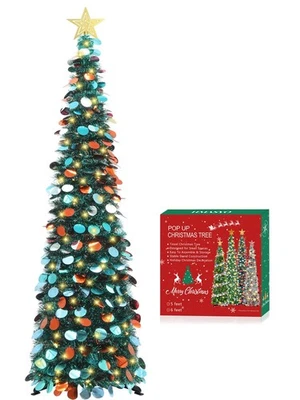 5 FT Pop Up Christmas Tree with Timer Lights, Blue Christmas Tinsel Tree, Col... - Image 1 of 4