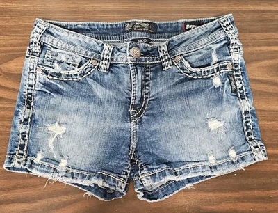 Vaqueros plateados super elásticos Aiko vaqueros pantalones cortos destruidos W30 L3 D2 Foto 1 de 4