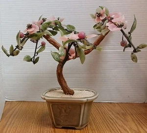VTG Jade Glass Bonsai Tree Pink Cherry Blossoms Green Leaves Asian Art Glass - Picture 1 of 15
