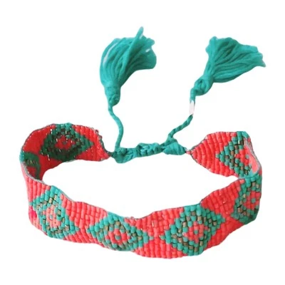 Punho de Bali vintage grânulo de semente de vidro feito à mão borla rosa verde limão - Imagem 1 de 4