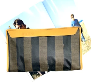 Authentic FENDI Pecan Pattern PVC Leather Dark Brown Clutch Bag i070378 - Picture 1 of 19