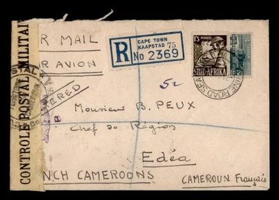 DR WHO 1944 SUDAFRICA REGISTRADA SEGUNDA GUERRA MUNDIAL CENSURADO A FRANCÉS CAMERÚN EDE w17280 Foto 1 de 2