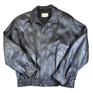 Vintage Vera Pelle Leather Bomber Jacket Menswear Size 52 Black Biker Read* - Picture 1 of 13
