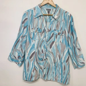 J M Collection Linen Blouse Woman 12 Button Up Blue Watercolor 3/4 Sleeve Travel - Picture 1 of 9