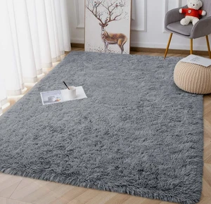 3x5 Vorleger für Wohnzimmer Schlafzimmer Maschinenwaschbar, Weich Flauschig Shag Grau... - Bild 1 von 3