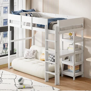 Hochbett Massivholz Kinderbett 90x200cm mit Schreibtisch und Stauraumregale Weiß - Bild 1 von 8