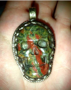 Skull Carved Gemstone Serpentine Face in Tibetian Silver Pendant Large 1.75 inch - Picture 1 of 3