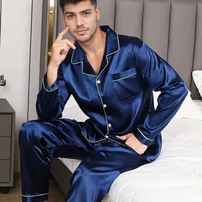 Mens Silk Long Sleeved Pajamas Set For Autumn Pyjamas Satin Sleepwear Nightwear - Image 1 of 4