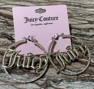 Juicy Couture Jewelry Gold Hoop Earrings Crown Logo Clear Rhinestones 50mm - Picture 1 of 4