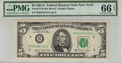 1981A $5 FRN New York PMG 66EPQ BA Block Fr. 1977-B - Image 1 of 2