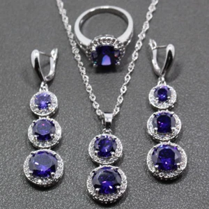 Purple Zircon Necklace Teardrop Earrings Ring Womens Sterling Silver Set Jewelry - Picture 1 of 5