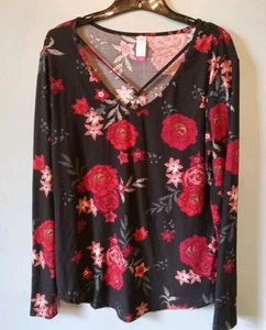 JUNIORS XXL No Boundaries Blouse 2XL Red & Black Floral Long Sleeve WOMENS M - Picture 1 of 3