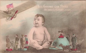 WWI FRENCH POSTCARD UNCLE SAM USA IN AIRPLANE BABY PLAYS W/ SOLDIERS 082025 U - Picture 1 of 2
