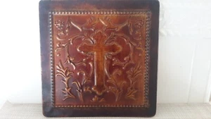 Vintage gehämmert Kupfer Volk Metall Wandbild Kreuz Bild Plakette Christentum - Bild 1 von 8