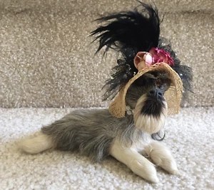 Real Fur Miniature 4 1/2" Tall Dog Schnauzer with Plumed Hat FREE SHIPPING - Picture 1 of 9