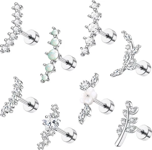 8Pcs 16G Cartilage Earring Set Stainless Steel Flower Opal CZ Stud Earrings Flat - Picture 1 of 12