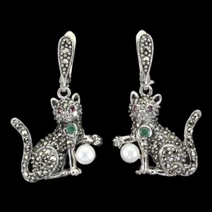 925 Sterling Silver Earrings Round Emerald Ruby Pearl Marcasite Gemstone - Picture 1 of 9