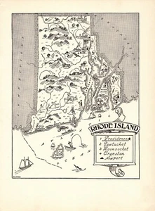 1950s Vintage RHODE ISLAND State Map Animated Rhode Island Picture Map BW 1637 - Afbeelding 1 van 3