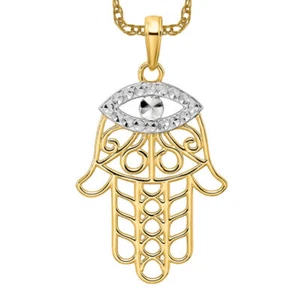 14K Solid Two Tone Gold Hamsa Necklace - Picture 1 of 12