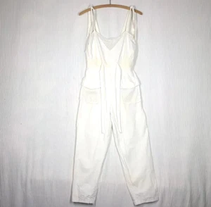 Vtg 80s Cotton Fishnet Jumpsuit XS S Tie Strap White Cinch Waist Zip Retro Rare - Picture 1 of 10