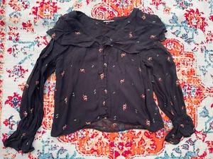 uk10 Ruffle Blouse Shirt TOP SHOP black Long Sleeve Floral Sheer Party club - Picture 1 of 15