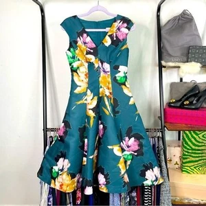 Moulinette Soeurs Teal Floral Flared Dress - Picture 1 of 7