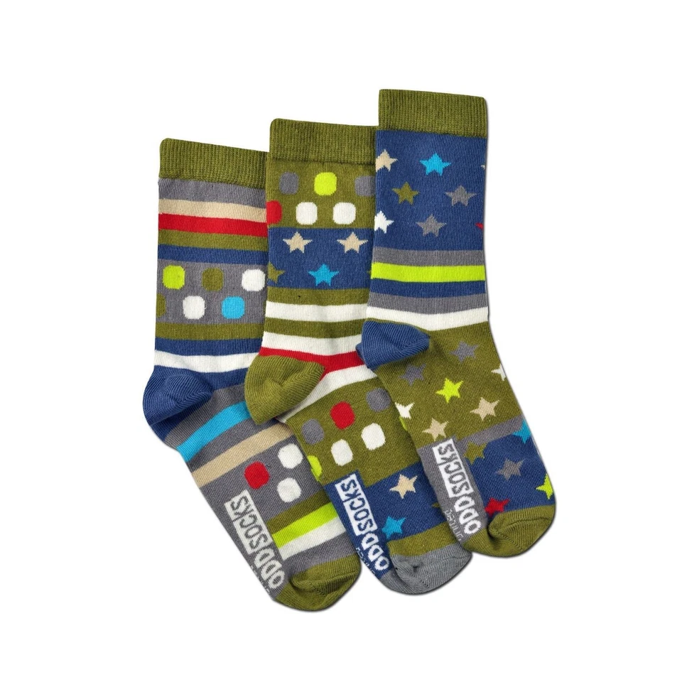 United Oddsocks Fly Trio Mis-Matched Green Stars Spots Stripes UK 12-6 Boy Socks