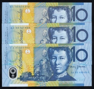1993 AUSTRALIA 10 DOLLARS BANKNOTES - UNCIRC TRIO/BLUE DOBELL SHADES - R316a - Picture 1 of 2