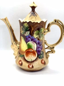 Vtg Lefton Heritage Brown Floral Coffee Pot Handpainted #NE1866 - Picture 1 of 12