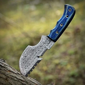 Handcrafted Tracker Knife with Blue Wood Handle and Damascus Steel Blade - Picture 1 of 8