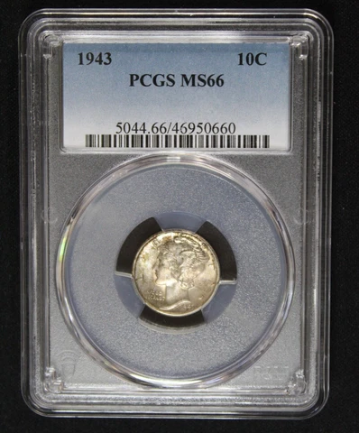 1943 MS 66 Mercury Silver Dime Graded PCGS MS66 Color Toning Toned Coin Cover