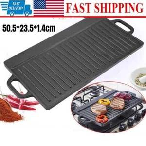Grill Platter Grillpan Ribbed Griddle Double-Sided Cast Iron Cookware Square - Picture 1 of 13