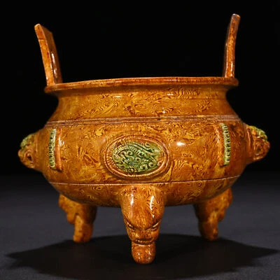 Quemador de incienso de doble oreja patrón amarillo porcelana artículos mármol dinastía Tang de 6,3" Foto 1 de 4