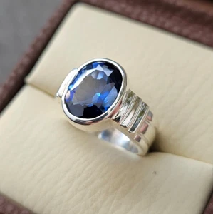 Big Blue Sapphire Ring For Men, Man Made Sapphire Stone Ring, 925 Silver Neelam - Picture 1 of 10