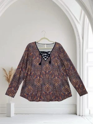 Xhilaration Women’s Long Sleeve Tie Neck Top Size XL Medallion Print Soft Knit - Image 1 of 4