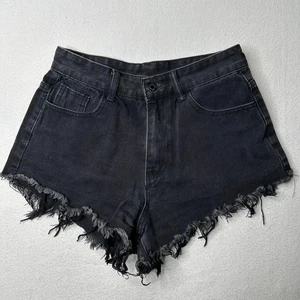 Shein Black Denim Shorts Women's Size S Flame Embroidered Frayed Hem - Picture 1 of 7