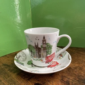 Cath Kidston London Design Scene 350ml Ceramic Coffee Tea Mug Cup Saucer VGC - Picture 1 of 8