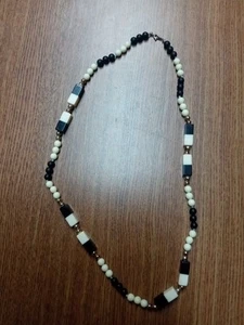 Vintage Acrylic Beaded Necklace Cream and Black Round Square Beads - Picture 1 of 4