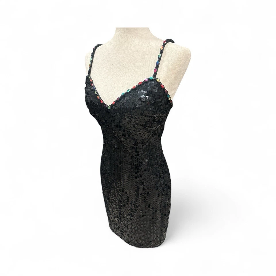 复古 Niteeline 亮片黑色串珠肩带连衣裙 8 码 — 第 1/4 张图片