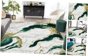 Marble Swirl Modern Abstract Emerald Green Grey Gold Area Rug for Living Room - Picture 1 of 8