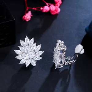 Silver Plated Cubic Zircon Leaf Shaped Clip-On Earrings Without Pierced Ear Clip - Picture 1 of 6
