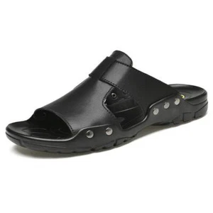 Men's Slippers Slip On Faux Leather Open Toe Beach Sandals Shoes - Picture 1 of 14