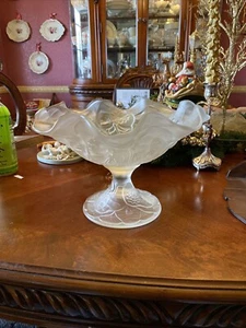 Fenton Pedestal Centerpiece 11” Bowl Water Lily Crystal Frost  Fluted Satin - Picture 1 of 3