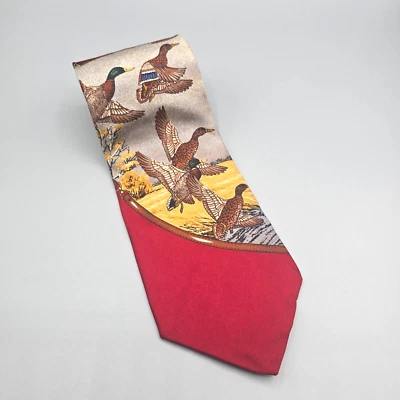 Ducks Unlimited Neck Tie Mens Red Silk Plaid USA Length 57" Width 3.75" - Image 1 of 4