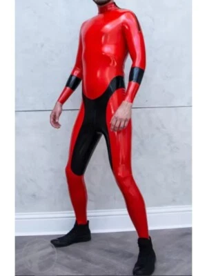 100% Latex Rubber Rot Catsuit Sport Bodysuit Shoulder Zipper Tights 0.4mm S-XXL - Bild 1 von 2