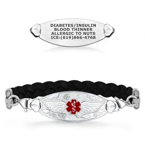 Divoti Angel Wing Medical Alert ID Women Bracelet w/ Black Twisted Leather - Picture 1 of 12