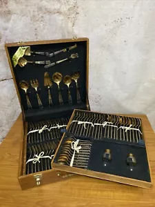 Vintage Star of Siam Bronze Ware Flatware Set 96 Pieces Wood Case Thailand SFI - Picture 1 of 24