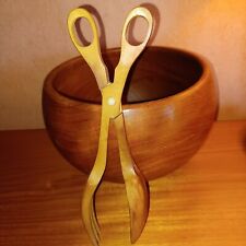 Antique Extra Large Handmade Wooden Bowl With Salad Servers By Galatix Stamped